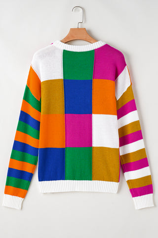 Orange Checkered Color Block Round Neck Loose Sweater, A Blissfully Beautiful Boutique - A Blissfully Beautiful Boutique