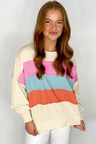 White Colorblock Patchwork Crewneck Drop Shoulder Sweatshirt, A Blissfully Beautiful Boutique - A Blissfully Beautiful Boutique