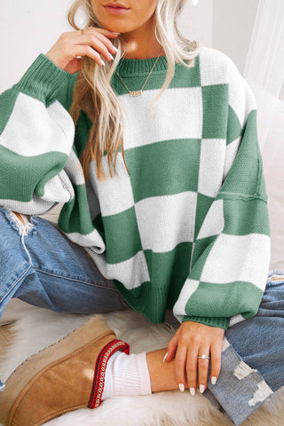 Green Checkered Bishop Sleeve Sweater, A Blissfully Beautiful Boutique - A Blissfully Beautiful Boutique