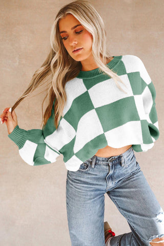 Green Checkered Bishop Sleeve Sweater, A Blissfully Beautiful Boutique - A Blissfully Beautiful Boutique