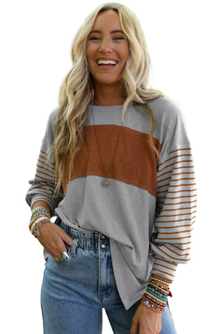 Gray Colorblock Striped Bishop Sleeve Top, A Blissfully Beautiful Boutique - A Blissfully Beautiful Boutique