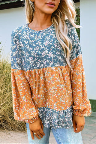 Orange Floral Color Block Ruffled Hem Round Neck Blouse, A Blissfully Beautiful Boutique - A Blissfully Beautiful Boutique