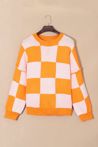 Orange Checkered Bishop Sleeve Sweater, A Blissfully Beautiful Boutique - A Blissfully Beautiful Boutique
