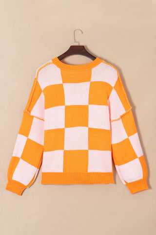 Orange Checkered Bishop Sleeve Sweater, A Blissfully Beautiful Boutique - A Blissfully Beautiful Boutique