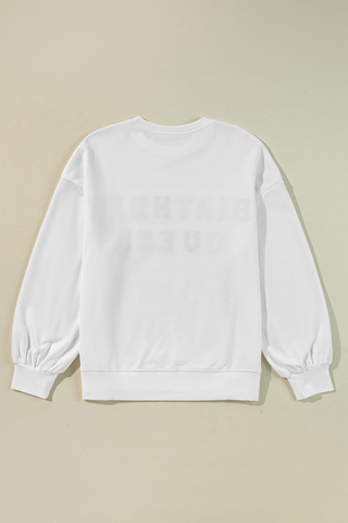 White BIRTHDAY QUEEN Graphic Balloon Sleeve Sweatshirt, A Blissfully Beautiful Boutique - A Blissfully Beautiful Boutique