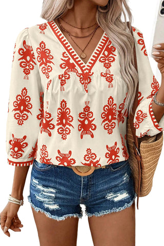Orange Vintage Geometric Printed 3/4 Sleeve V Neck Blouse, A Blissfully Beautiful Boutique - A Blissfully Beautiful Boutique