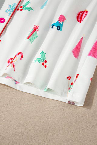 White Christmas Print Lapel Shirt and Pants Sleepwear, A Blissfully Beautiful Boutique - A Blissfully Beautiful Boutique