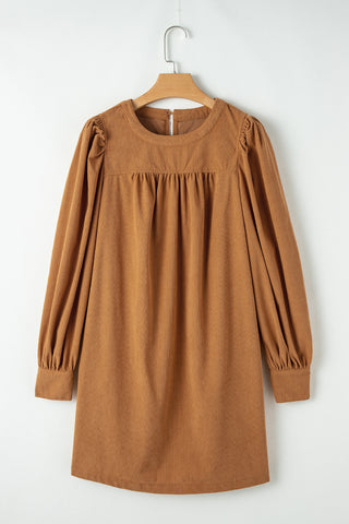 Desert Gold Corduroy Pleated Puff Sleeve Shift Short Dress, A Blissfully Beautiful Boutique - A Blissfully Beautiful Boutique