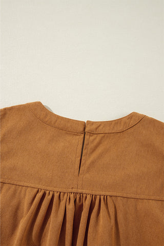 Desert Gold Corduroy Pleated Puff Sleeve Shift Short Dress, A Blissfully Beautiful Boutique - A Blissfully Beautiful Boutique