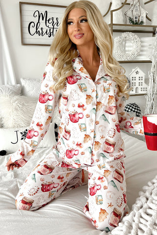 White Christmas Pattern Long Sleeve Shirt and Pants Pajama Set, A Blissfully Beautiful Boutique - A Blissfully Beautiful Boutique