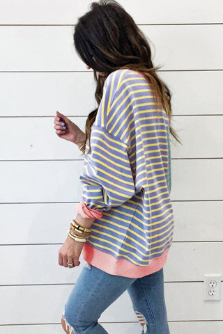 Casual Stripe Colorblock Drop Shoulder Oversize Sweatshirt, A Blissfully Beautiful Boutique - A Blissfully Beautiful Boutique