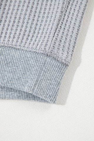 Light Grey Waffle Patchwork Long Sleeve Raw Hem Pullover Top, A Blissfully Beautiful Boutique - A Blissfully Beautiful Boutique