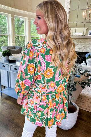Green Floral Puff Sleeve V Neck Peplum Blouse, A Blissfully Beautiful Boutique - A Blissfully Beautiful Boutique