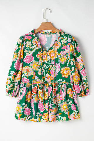 Green Floral Puff Sleeve V Neck Peplum Blouse, A Blissfully Beautiful Boutique - A Blissfully Beautiful Boutique
