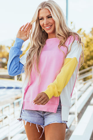 Bonbon Color Block Exposed Seam Side Slits Crewneck Sweatshirt, A Blissfully Beautiful Boutique - A Blissfully Beautiful Boutique