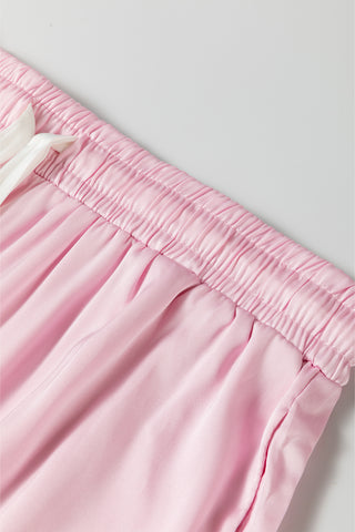 Light Pink Satin Knot Accent Shirt and Ruffled Pants Lounge Set, A Blissfully Beautiful Boutique - A Blissfully Beautiful Boutique