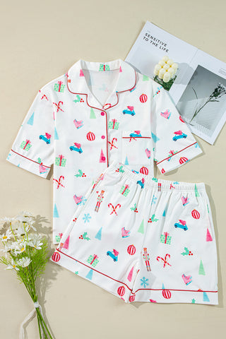 White Christmas Print Short Sleeve Shirt and Shorts Pajama Set, A Blissfully Beautiful Boutique - A Blissfully Beautiful Boutique