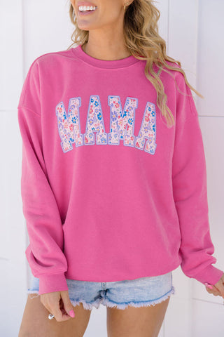 Rose Red Floral MAMA Embroidered Graphic Pullover Sweatshirt, A Blissfully Beautiful Boutique - A Blissfully Beautiful Boutique