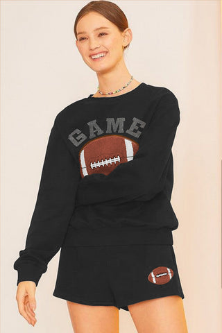 Black GAME DAY Rugby Football Graphic Pullover and Shorts Casual Outfit, A Blissfully Beautiful Boutique - A Blissfully Beautiful Boutique