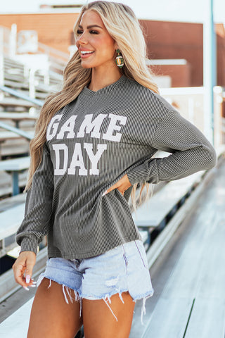 Dark Grey Corded GAME DAY Graphic Long Sleeve Crewneck Top, A Blissfully Beautiful Boutique - A Blissfully Beautiful Boutique