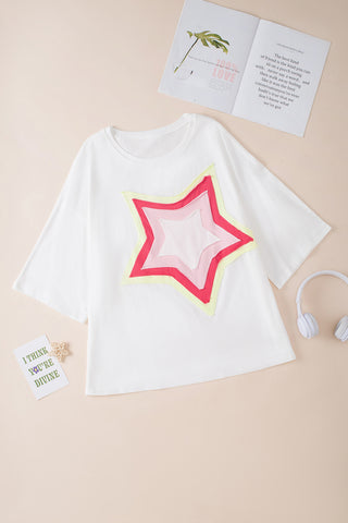 White Colorblock Star Patched Half Sleeve Oversized Tee, A Blissfully Beautiful Boutique - A Blissfully Beautiful Boutique
