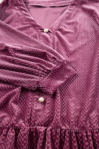 Meadow Mauve Plus Size Textured Velvet Tiered Buttons Tiered Dress, A Blissfully Beautiful Boutique - A Blissfully Beautiful Boutique
