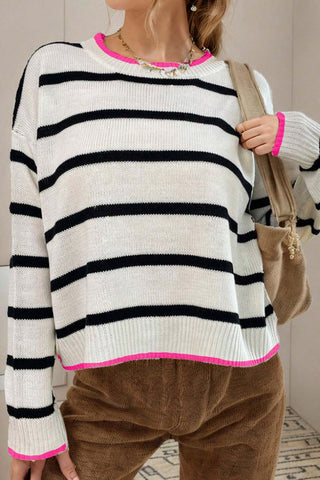 White Stripe Color Contrast Drop Shoulder Crew Neck Sweater, A Blissfully Beautiful Boutique - A Blissfully Beautiful Boutique