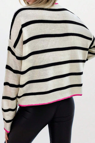 White Stripe Color Contrast Drop Shoulder Crew Neck Sweater, A Blissfully Beautiful Boutique - A Blissfully Beautiful Boutique