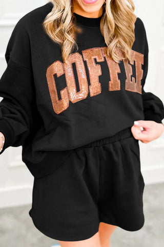 COFFEE Sequin Round Neck Long Sleeve Top and Shorts Set, Trendsi - A Blissfully Beautiful Boutique
