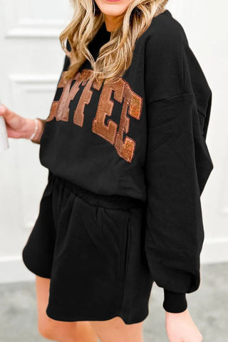 COFFEE Sequin Round Neck Long Sleeve Top and Shorts Set, Trendsi - A Blissfully Beautiful Boutique