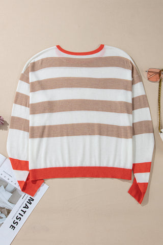 Apricot Colorblock Striped Round Neck Drop Shoulder Sweater, A Blissfully Beautiful Boutique - A Blissfully Beautiful Boutique