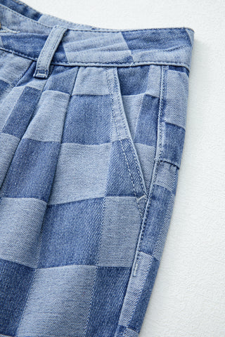 Dusk Blue Checkered Denim Wide Leg Jeans, A Blissfully Beautiful Boutique - A Blissfully Beautiful Boutique