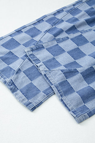 Dusk Blue Checkered Denim Wide Leg Jeans, A Blissfully Beautiful Boutique - A Blissfully Beautiful Boutique