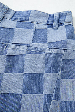 Dusk Blue Checkered Denim Wide Leg Jeans, A Blissfully Beautiful Boutique - A Blissfully Beautiful Boutique