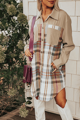 Khaki Plaid Patchwork Long Sleeve Shirt Mini Dress, A Blissfully Beautiful Boutique - A Blissfully Beautiful Boutique