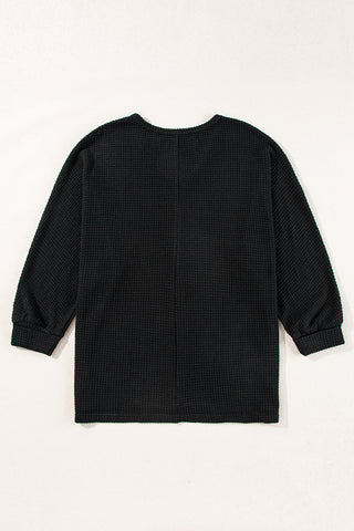 Black Waffle Knit Side Slits Loose Fit V Neck Top, A Blissfully Beautiful Boutique - A Blissfully Beautiful Boutique