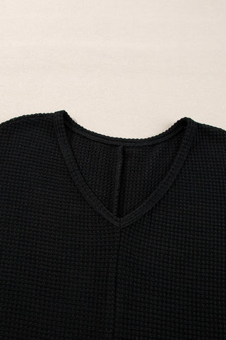 Black Waffle Knit Side Slits Loose Fit V Neck Top, A Blissfully Beautiful Boutique - A Blissfully Beautiful Boutique