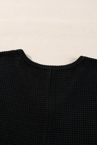 Black Waffle Knit Side Slits Loose Fit V Neck Top, A Blissfully Beautiful Boutique - A Blissfully Beautiful Boutique