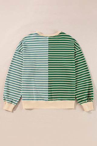 Green Stripe Casual Stripe Colorblock Drop Shoulder Oversize Sweatshirt, A Blissfully Beautiful Boutique - A Blissfully Beautiful Boutique