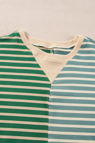 Green Stripe Casual Stripe Colorblock Drop Shoulder Oversize Sweatshirt, A Blissfully Beautiful Boutique - A Blissfully Beautiful Boutique
