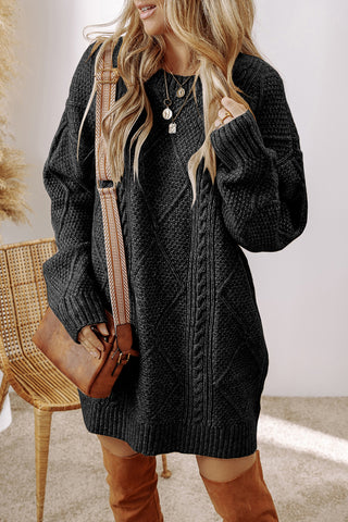 Black Cable Knit Drop Shoulder Loose Fit Sweater Dress, A Blissfully Beautiful Boutique - A Blissfully Beautiful Boutique