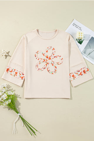 Beige Flower Patch Graphic Exposed Seam Wide Sleeve Top, A Blissfully Beautiful Boutique - A Blissfully Beautiful Boutique