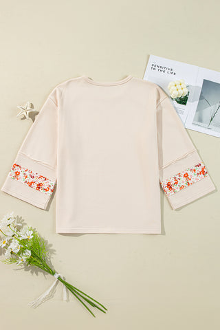 Beige Flower Patch Graphic Exposed Seam Wide Sleeve Top, A Blissfully Beautiful Boutique - A Blissfully Beautiful Boutique