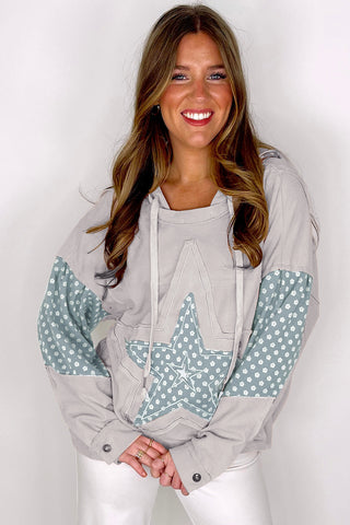 Beau Blue Floral Patchwork Star Pattern Drawstring Hoodie, A Blissfully Beautiful Boutique - A Blissfully Beautiful Boutique