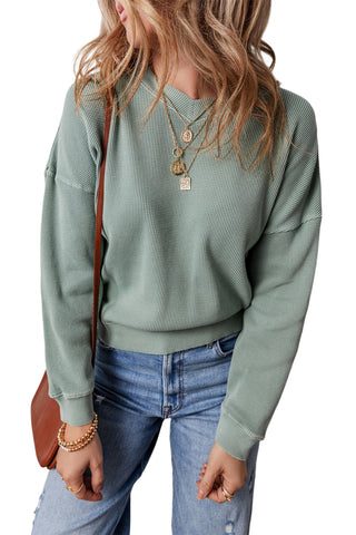 Clearly Aqua Waffle Knit Drop Shoulder V Neck Top, A Blissfully Beautiful Boutique - A Blissfully Beautiful Boutique