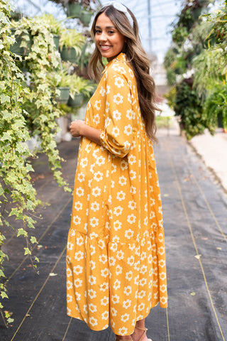 Yellow Flower Print Bracelet Sleeve Buttons Collared Maxi Dress, A Blissfully Beautiful Boutique - A Blissfully Beautiful Boutique