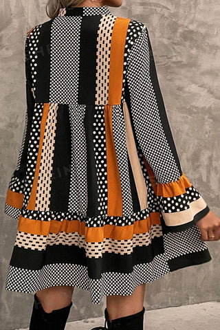 Black Striped Polka Dot Print Ruffled Hem V Neck Mini Dress, A Blissfully Beautiful Boutique - A Blissfully Beautiful Boutique