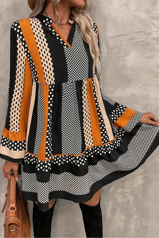 Black Striped Polka Dot Print Ruffled Hem V Neck Mini Dress, A Blissfully Beautiful Boutique - A Blissfully Beautiful Boutique
