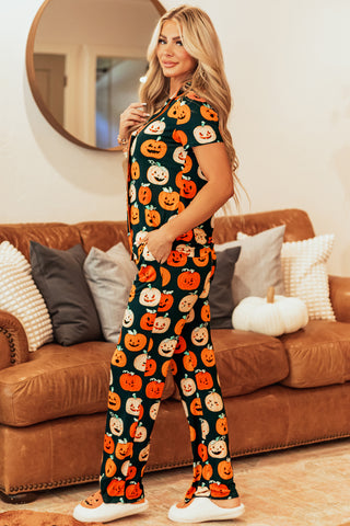 Orange Halloween Pattern Short Sleeve Shirt Pajama Set, A Blissfully Beautiful Boutique - A Blissfully Beautiful Boutique