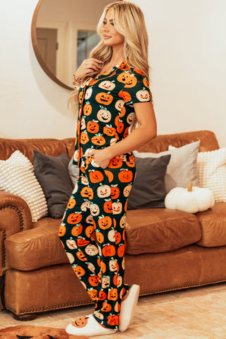 Orange Halloween Pattern Short Sleeve Shirt Pajama Set, A Blissfully Beautiful Boutique - A Blissfully Beautiful Boutique